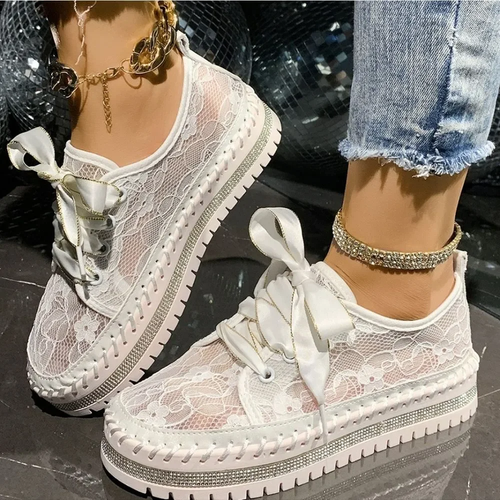 Round Toe Platform Loafers – Chic Lace Mesh Sneaker Low Heel Slip-Ons Pink Sole